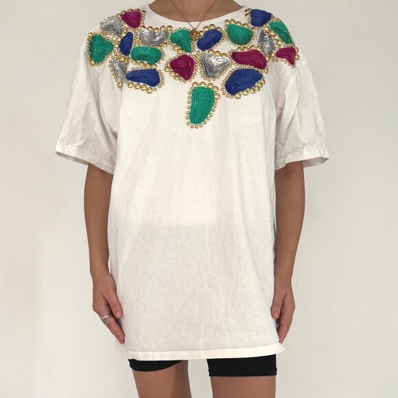 80s vintage white rainbow embellished sequins retro costume party cotton tshirt - Picture 1 of 9